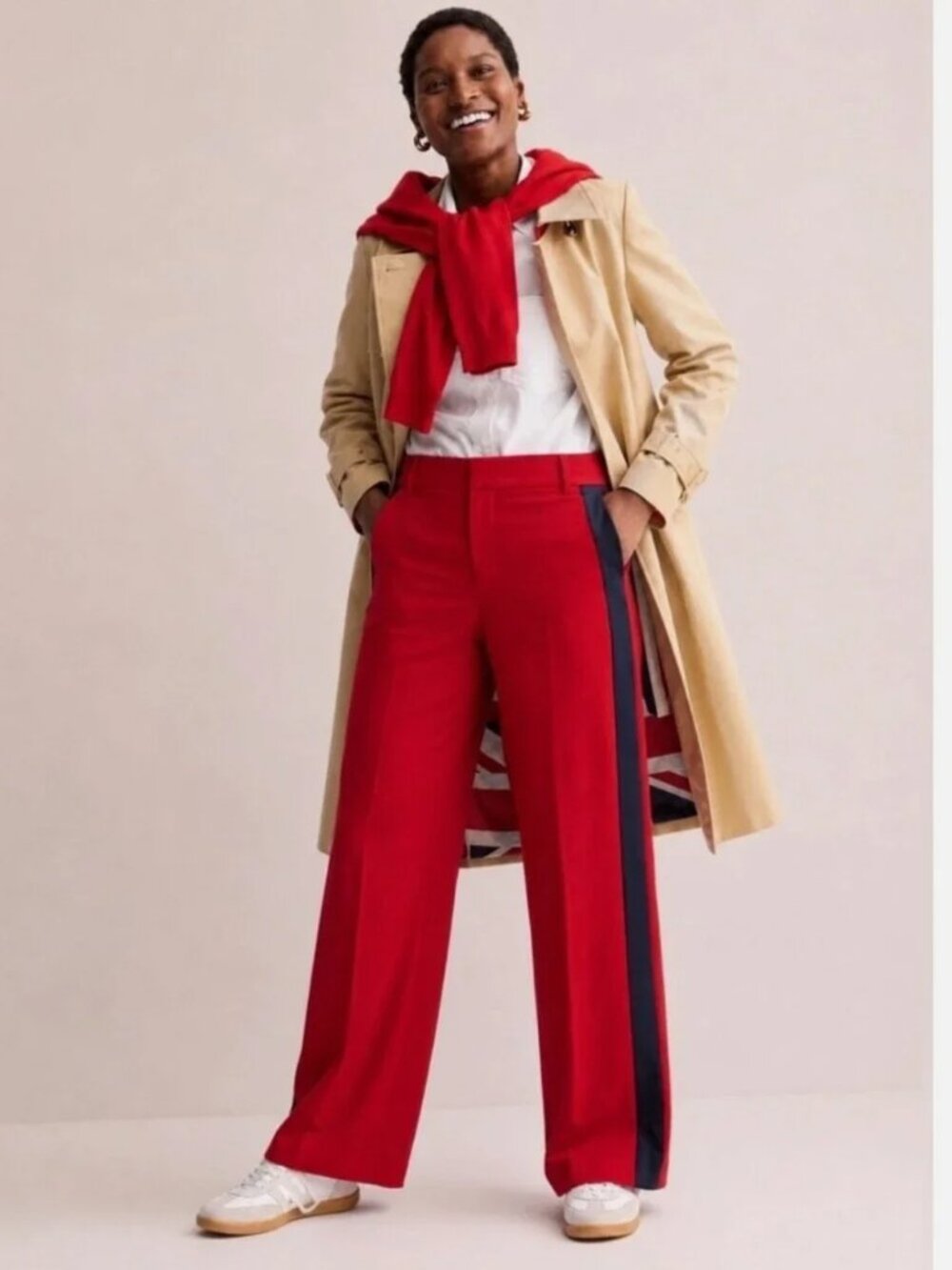 Boden Wide Leg Trousers in Red with Navy Stripe Size 12P
